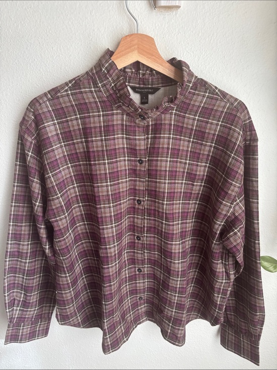 Banana Republic Factory Tops - BANANA REPUBLIC Womens Flannel Shirt Sugar Plum Feminine Ruffle Trim Medium